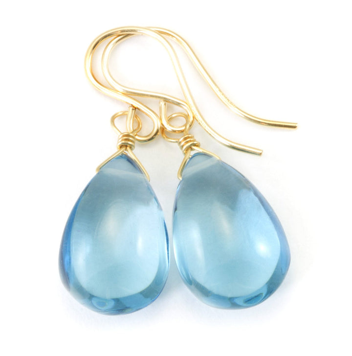 London Blue Simulated Topaz Earrings Smooth Pear Briolette Drops 14k Solid Gold or Filled or Sterling Silver Simple Classic Drops Soft Blue