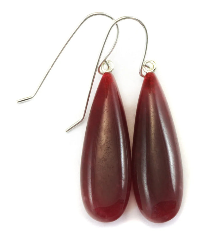 Red Quarzite Earrings Natural Smooth Teardrop Drops 14k Solid Gold or Filled or Sterling Silver Long Simple Contemporary Spyglass Design - Spyglass Designs