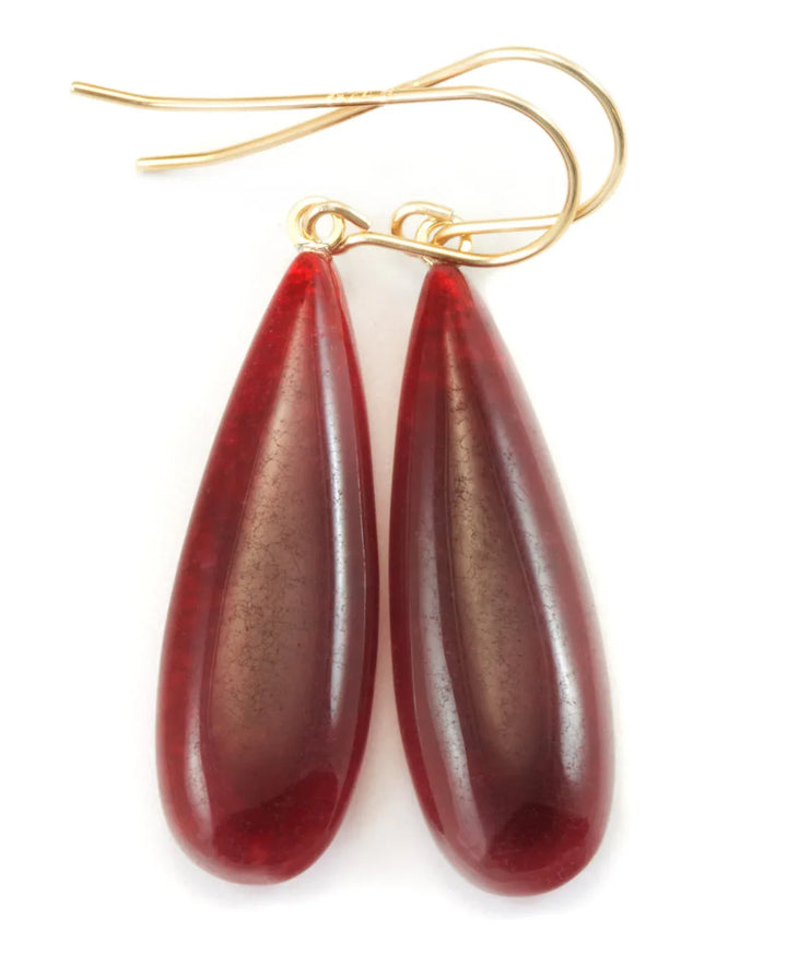 Red Quarzite Earrings Natural Smooth Teardrop Drops 14k Solid Gold or Filled or Sterling Silver Long Simple Contemporary Spyglass Design - Spyglass Designs