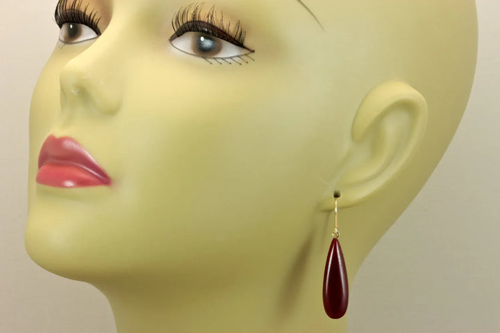 Red Quarzite Earrings Natural Smooth Teardrop Drops 14k Solid Gold or Filled or Sterling Silver Long Simple Contemporary Spyglass Design - Spyglass Designs