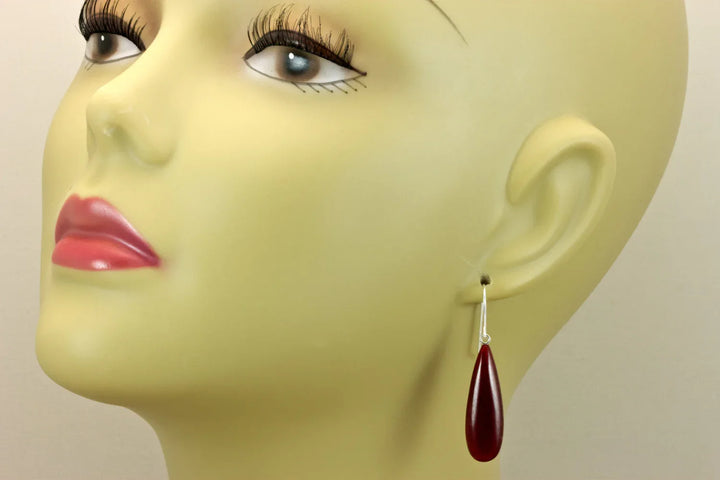 Red Quarzite Earrings Natural Smooth Teardrop Drops 14k Solid Gold or Filled or Sterling Silver Long Simple Contemporary Spyglass Design - Spyglass Designs