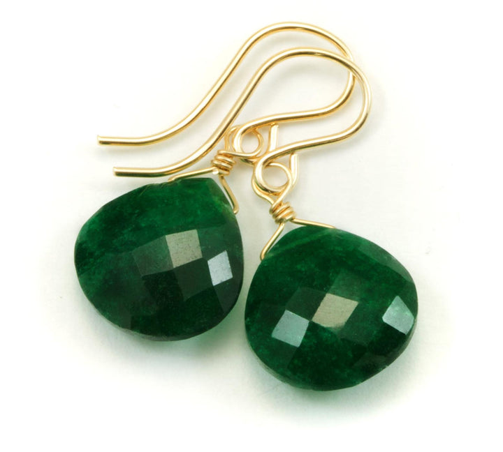 Emerald Green Natural Corundum Earrings Faceted Heart Shaped Teardrops 14k solid Gold or Filled or Sterling Silver Deep Rich Green Drops