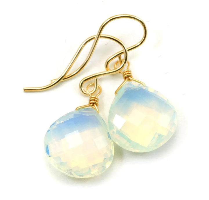 Opalite Earrings Faceted Heart Briolette Shaped AAA Teardrops 14k Solid Gold or Filled or Sterling Silver iridescent colors simple drops - Spyglass Designs