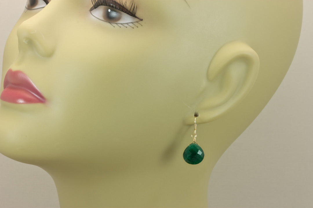 Emerald Green Natural Corundum Earrings Faceted Heart Shaped Teardrops 14k solid Gold or Filled or Sterling Silver Deep Rich Green Drops