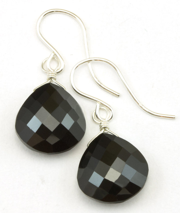 Spinel Earrings Black Teardrop Heart Faceted AAA Briolette Drops 14k Solid Gold or Filled or Sterling Silver Simple Lightweight Classic Drop