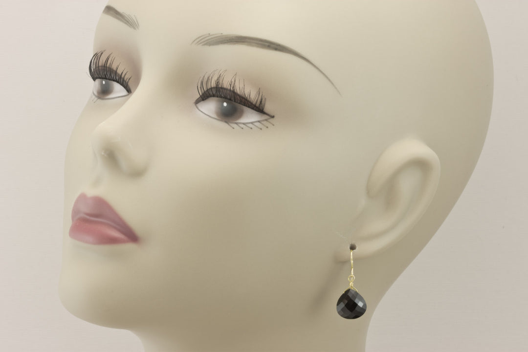 Spinel Earrings Black Teardrop Heart Faceted AAA Briolette Drops 14k Solid Gold or Filled or Sterling Silver Simple Lightweight Classic Drop