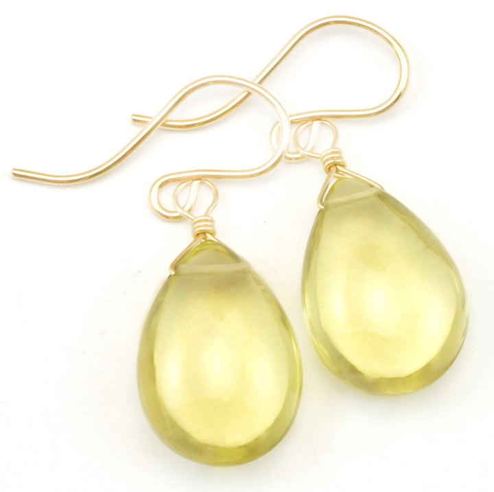 Yellow Lemon Quartz Earrings Smooth Pear AAA Briolette Drops 14k Solid Gold or Yellow or Rose Filled or Sterling Silver Simple Drop Spyglass