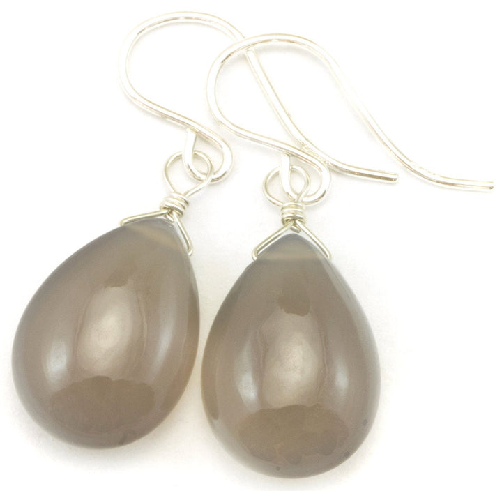 Grey Chalcedony Earrings AAA Smooth Gray Briolette Drops 14k Solid Gold or Filled or Sterling Silver Pear Shape Simple Classic Drops Neutral
