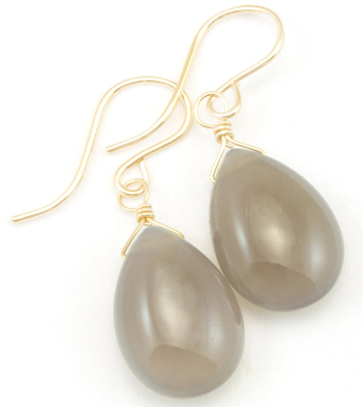 Grey Chalcedony Earrings AAA Smooth Gray Briolette Drops 14k Solid Gold or Filled or Sterling Silver Pear Shape Simple Classic Drops Neutral