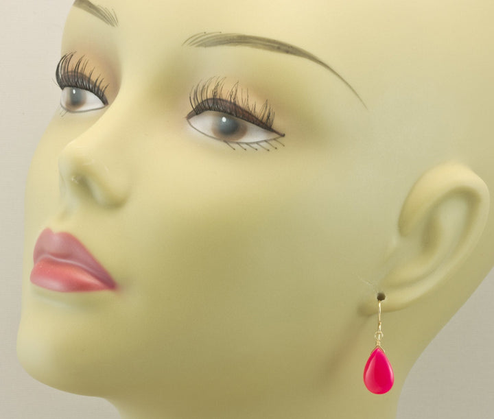 Hot Pink Chalcedony Earrings AAA Smooth Briolette Drops 14k Solid Gold or Filled or Sterling Silver Fuchsia Magenta Simple Classic Design