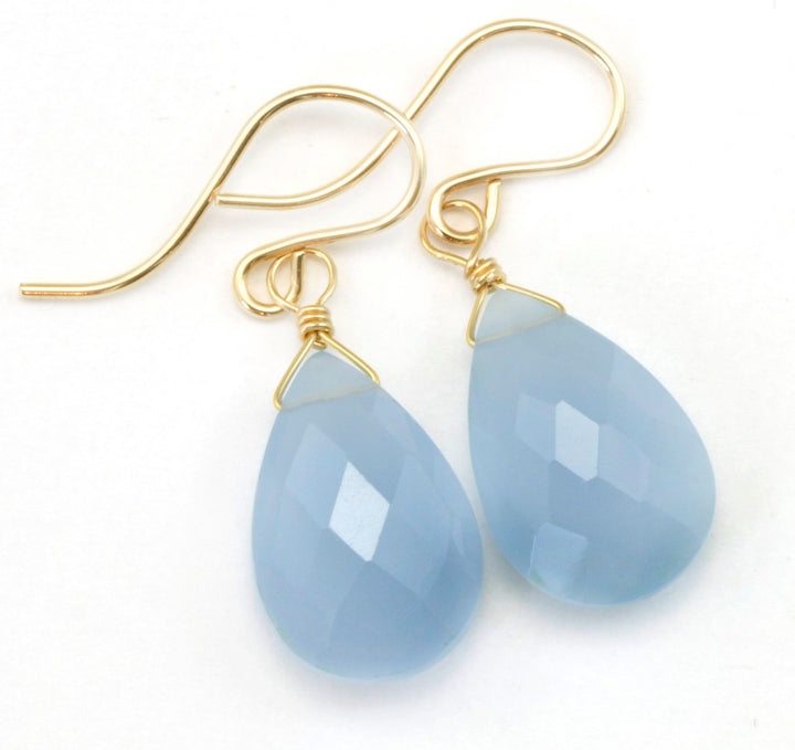 Steel Blue Gray Chalcedony Earrings AAA faceted Pear Teardrop 14k Solid Gold or Filled or Sterling Silver Natural Earthy Blue Simple Drops