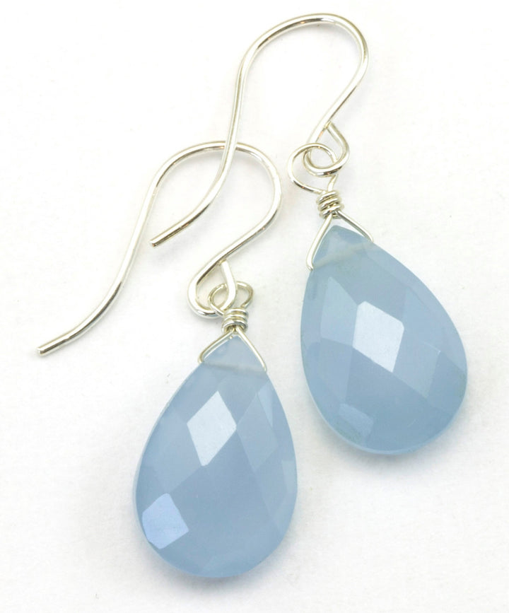 Steel Blue Gray Chalcedony Earrings AAA faceted Pear Teardrop 14k Solid Gold or Filled or Sterling Silver Natural Earthy Blue Simple Drops