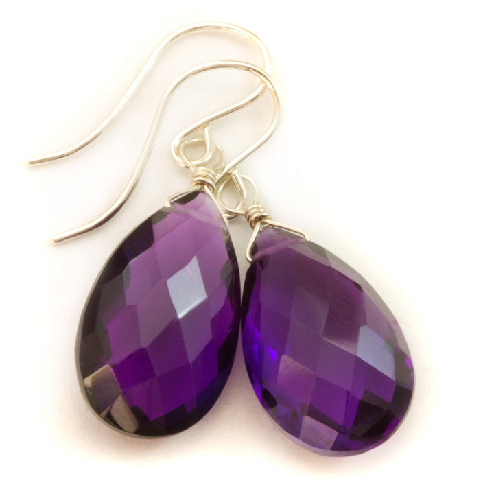 Purple Amethyst Earrings Simulated Faceted Puffed Teardrop 14k Solid Gold or Filled or Sterling Silver Deep Rich Purple Large Classic Drop