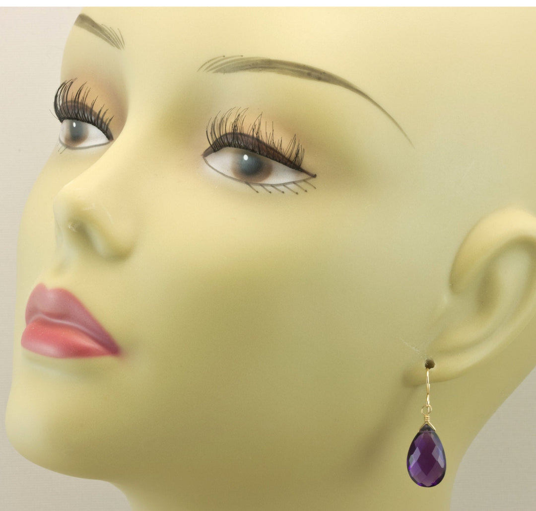 Purple Amethyst Earrings Simulated Faceted Puffed Teardrop 14k Solid Gold or Filled or Sterling Silver Deep Rich Purple Large Classic Drop