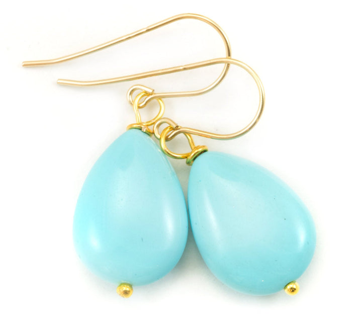 Light Baby Blue Turquoise Earrings Teardrop Smooth Drop Sterling Silver or 14k Solid Gold or Filled Pear Shape Drops Simple Contemporary