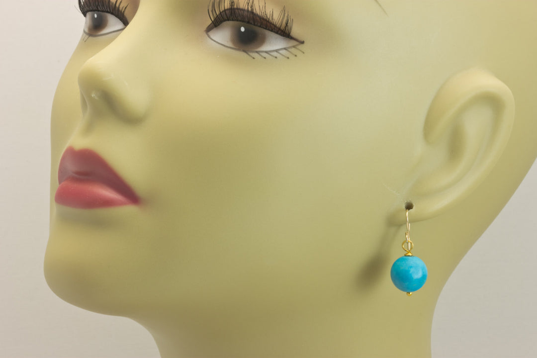 Blue Turquoise Earrings Teardrop Matt Finish Smooth Dangle Sterling Silver or 14k solid Yellow Gold or Filled Deep Blue Round Drops Simple