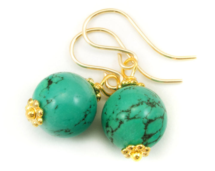 Green Turquoise Earrings Round Polished Smooth Drop Sterling Silver or 14k Solid Yellow Gold Filled Natural Veining Beaded Accents Simple