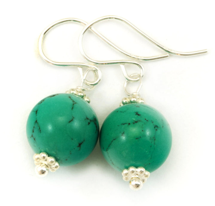 Green Turquoise Earrings Round Polished Smooth Drop Sterling Silver or 14k Solid Yellow Gold Filled Natural Veining Beaded Accents Simple
