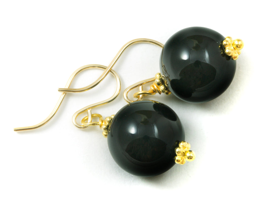 Black Onyx Earrings Sterling Silver or 14k Solid Gold or Filled Natural Round Drop Jet Black Smooth Beaded Accents Classic Simple Neutral