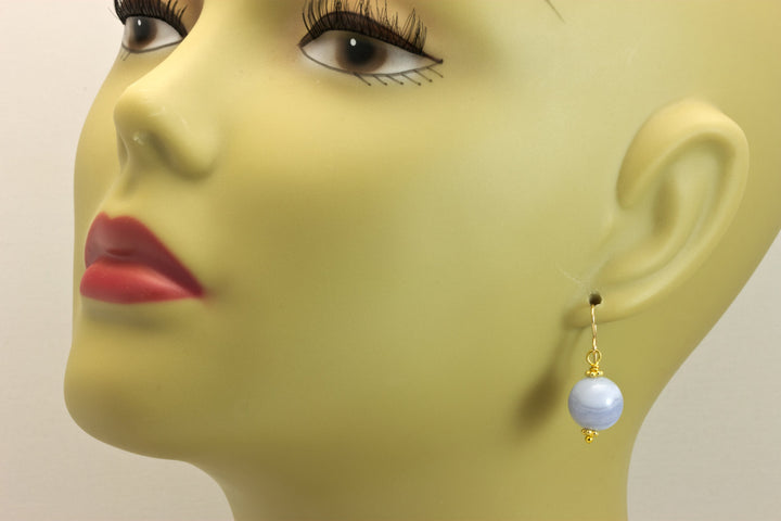 Blue Lace Agate Earrings AAA Natural Round Smooth Drop Beaded Accents Sterling Silver or 14k Solid Gold or Filled Pale Blue Ribbon Banding