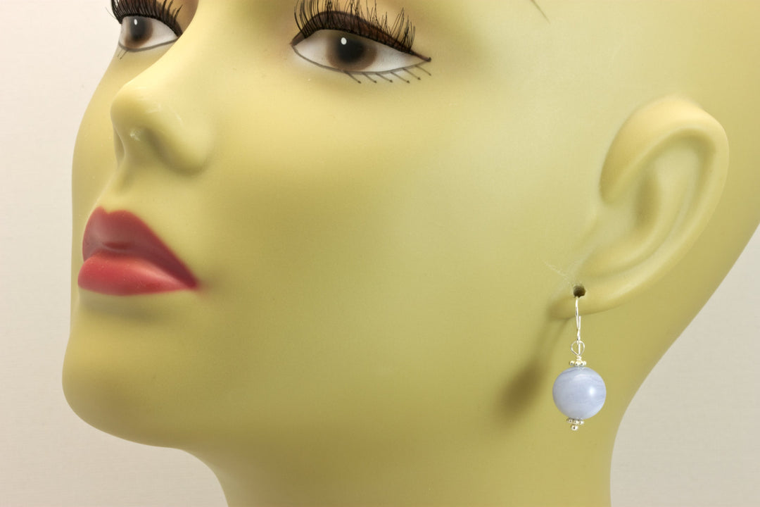 Blue Lace Agate Earrings AAA Natural Round Smooth Drop Beaded Accents Sterling Silver or 14k Solid Gold or Filled Pale Blue Ribbon Banding