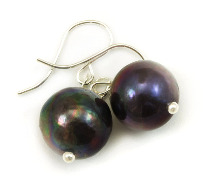 Black Peacock Pearl Earrings Round 12mm Pearls Sterling Silver or 14k Solid Gold or Filled Freshwater Cultured Classic Simple Large Everyday