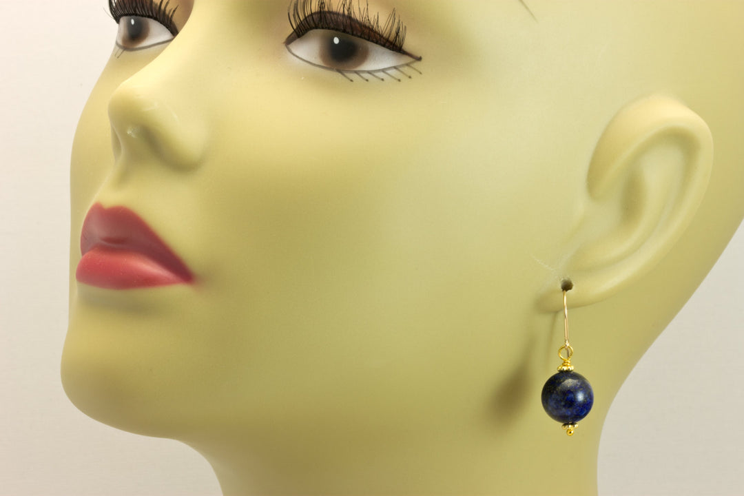Blue Lapis Lazuli Earrings Natural Round Dangles Sterling Silver or 14k Solid Gold or Filled Beaded Accents Simple Basic Drops Pyrite Flecks