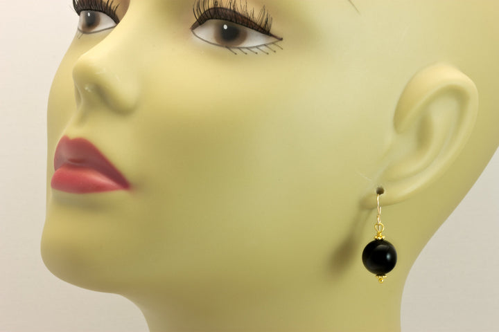 Black Onyx Earrings Sterling Silver or 14k Solid Gold or Filled Natural Round Drop Jet Black Smooth Beaded Accents Classic Simple Neutral