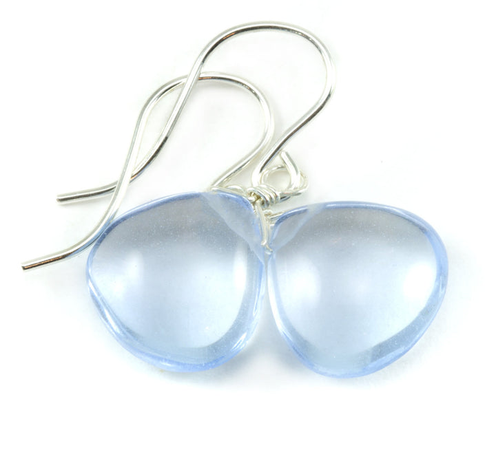 Ice Blue simulated Topaz Earrings Smooth Heart Teardrop Sterling Silver or 14k Solid Gold or Filled Soft Pale Blue lightweight classic drops