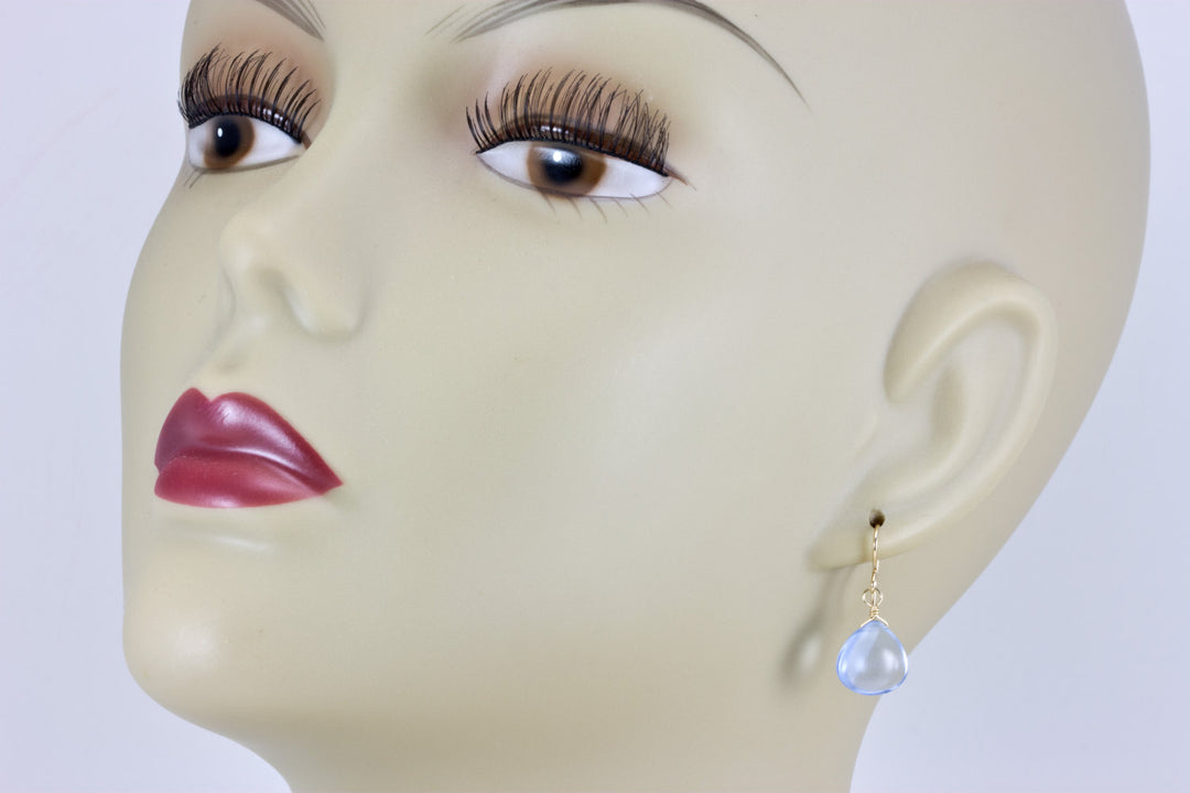 Ice Blue simulated Topaz Earrings Smooth Heart Teardrop Sterling Silver or 14k Solid Gold or Filled Soft Pale Blue lightweight classic drops