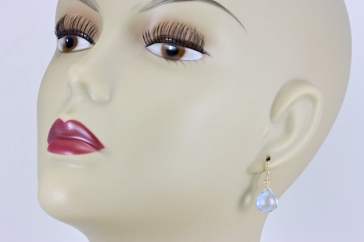 Ice Blue simulated Topaz Earrings Smooth Heart Teardrop Sterling Silver or 14k Solid Gold or Filled Soft Pale Blue lightweight classic drops