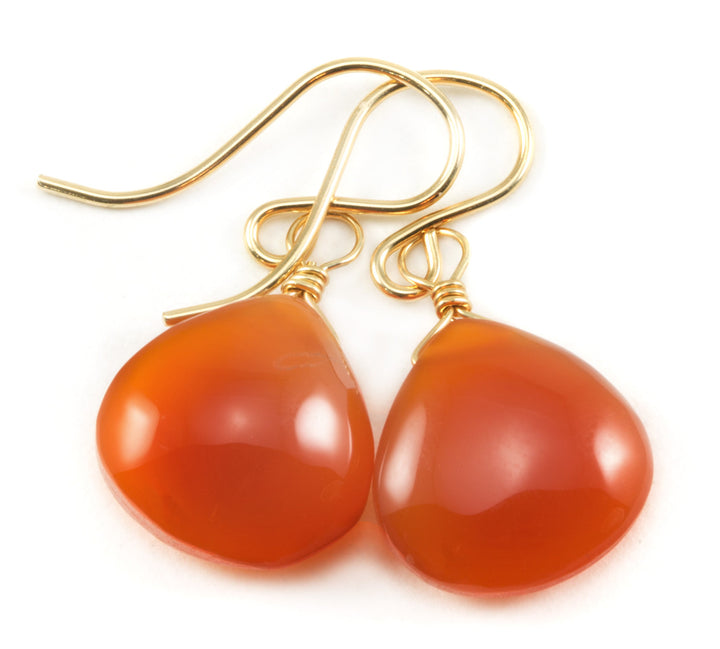 Carnelian Earrings Smooth Heart Teardrop  Sterling Silver or 14k Solid Gold or Filled Natural earthy orange chalcedony simple classic basic
