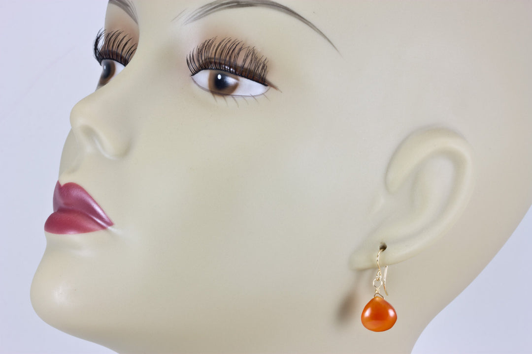 Carnelian Earrings Smooth Heart Teardrop  Sterling Silver or 14k Solid Gold or Filled Natural earthy orange chalcedony simple classic basic