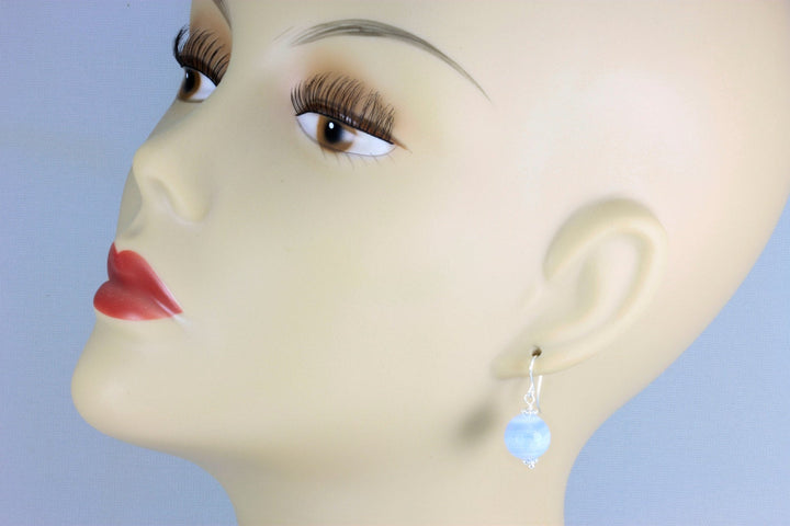 Blue Lace Agate Earrings 14k Solid gold or filled or Sterling Silver Faceted Round Dangle Drops  Natural Banding Soft blue Simple Drops