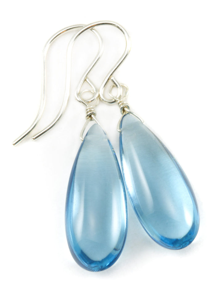 London Blue Simulated Topaz Earrings Smooth Long Teardrop Drops 14k Solid Gold or Filled or Sterling Silver Soft Smokey Blue Simple Classic
