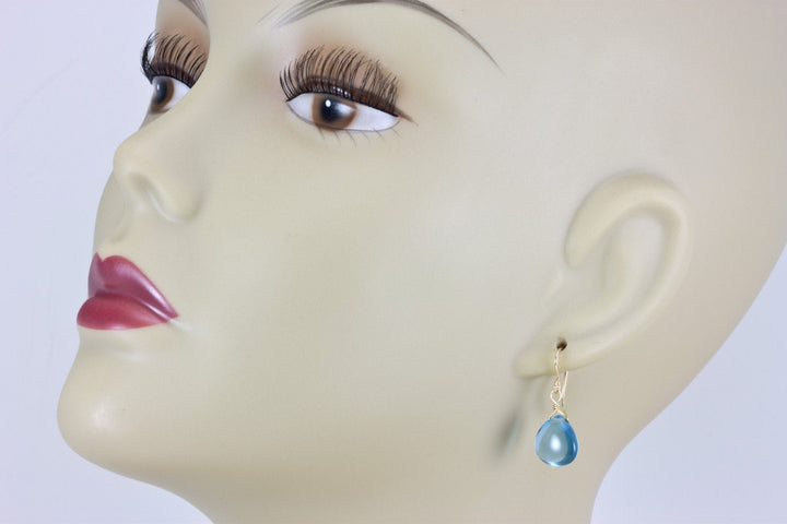 London Blue Simulated Topaz Earrings Smooth Heart Drops 14k Gold Filled or Sterling Silver Classic Simple Smokey blue Drops Spyglass Design