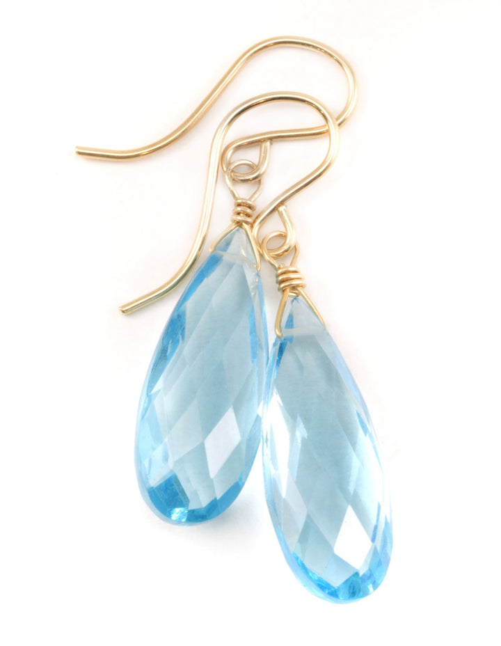 Swiss Blue Simulated Topaz Earrings Baby Blue Faceted Teardrops 14k Solid Gold or Filled or Sterling Silver Long Drops Light Simple Design