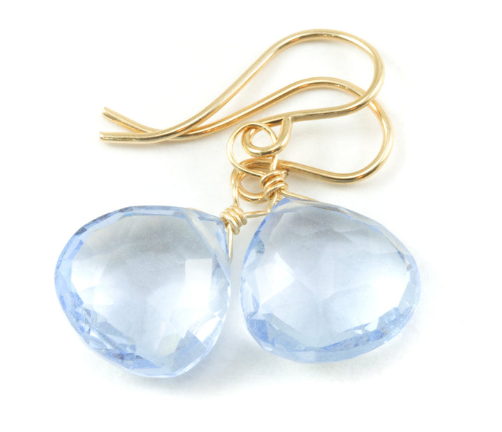 Ice Blue Topaz Earrings Faceted Heart Teardrop Cut Sterling Silver or 14k Solid Gold or Filled Pale Light Blue Simple Classic Cut Drops