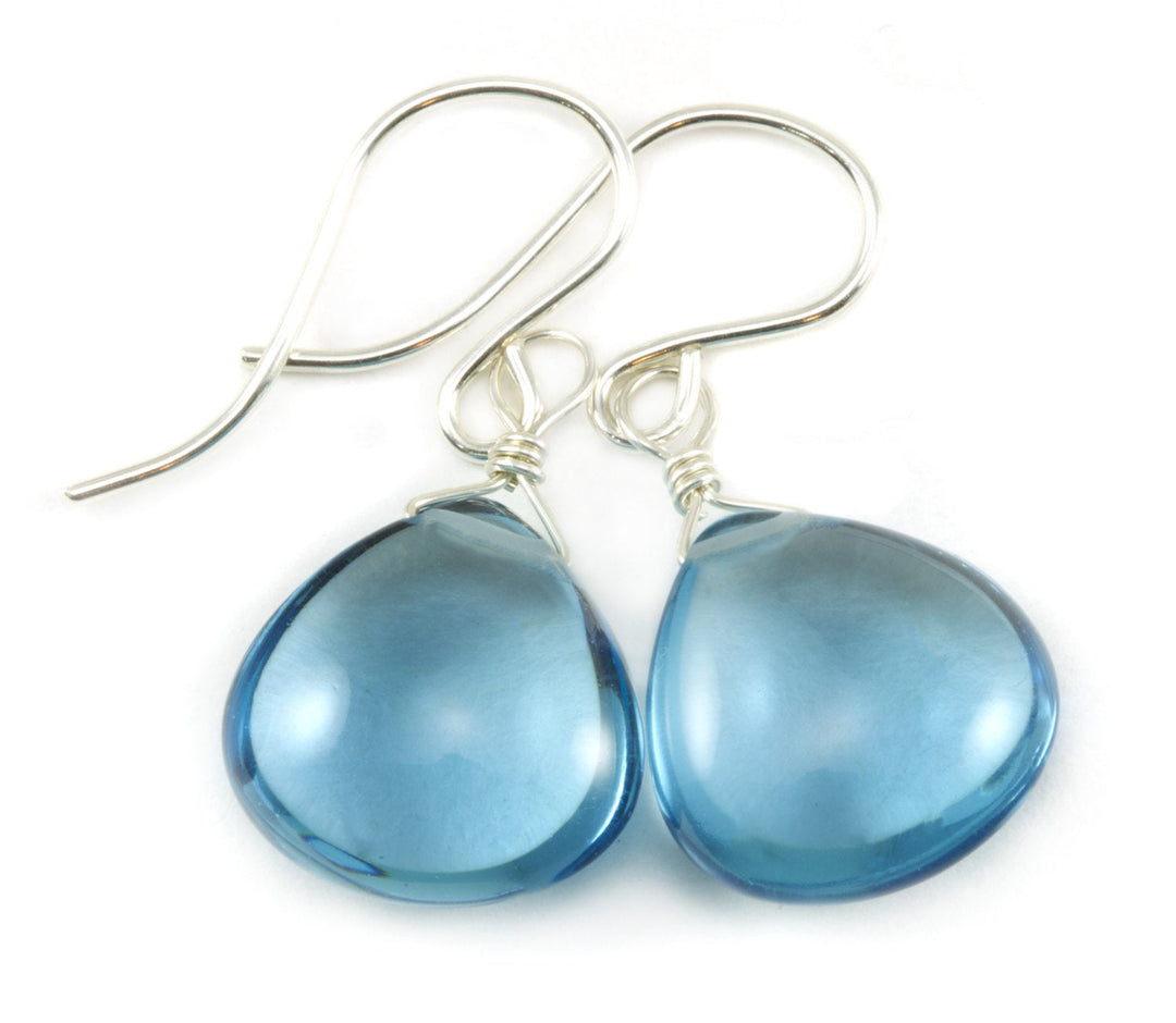 London Blue Simulated Topaz Earrings Smooth Heart Drops 14k Gold Filled or Sterling Silver Classic Simple Smokey blue Drops Spyglass Design