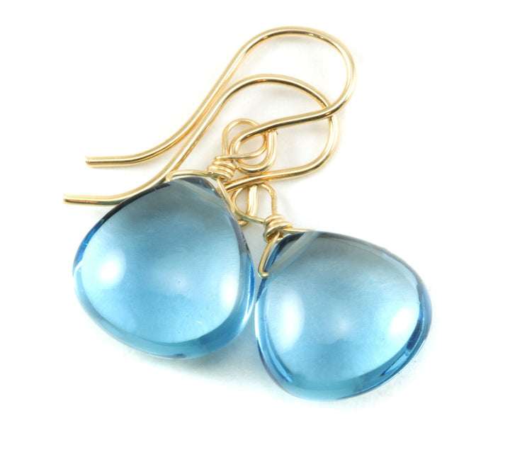 London Blue Simulated Topaz Earrings Smooth Heart Drops 14k Gold Filled or Sterling Silver Classic Simple Smokey blue Drops Spyglass Design