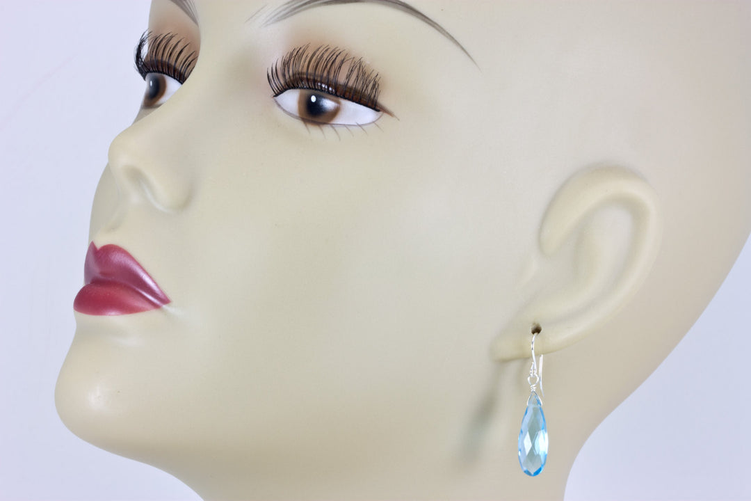 Swiss Blue Simulated Topaz Earrings Baby Blue Faceted Teardrops 14k Solid Gold or Filled or Sterling Silver Long Drops Light Simple Design
