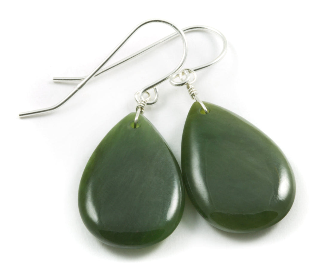 Jade Earrings Natural Green Nephrite Smooth Fat Teardrop Drops 14k Solid Gold or Filled or Sterling Silver Earthy Rich Green classic simple