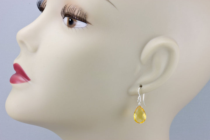 Yellow Citrine Quartz Earrings faceted Teardrop Dangle 14k gold filled or Sterling Silver Spyglass Designs Bright Yellow Pear Shaped Drops