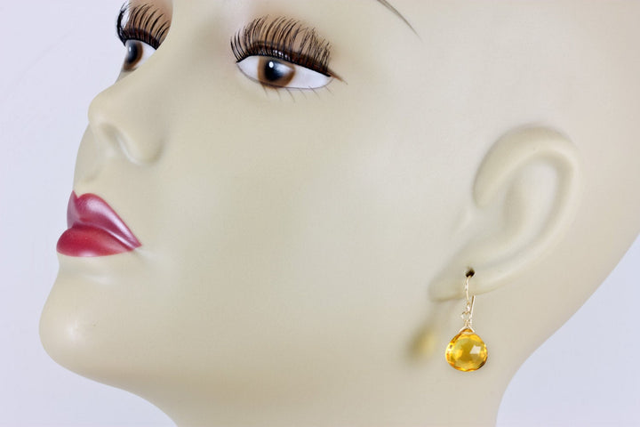 Yellow Citrine Quartz Earrings faceted Heart Drop 14k solid gold or filled or Sterling Silver Spyglass Designs Bright Yellow Simple Classic