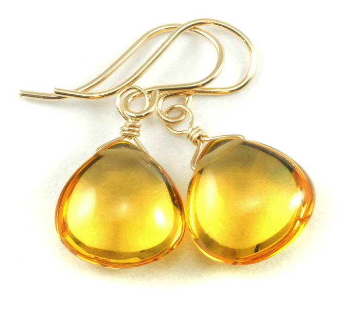 Yellow Citrine Earrings Smooth Sim Heart Drop 14k solid gold or filled or Sterling Silver Spyglass Designs Simple Teardrops Lightweight