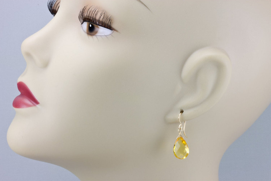Yellow Citrine Quartz Earrings faceted Teardrop Dangle 14k gold filled or Sterling Silver Spyglass Designs Bright Yellow Pear Shaped Drops