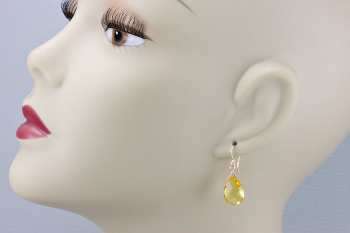 Yellow Citrine Quartz Earrings faceted Teardrop Dangle 14k gold filled or Sterling Silver Spyglass Designs Bright Yellow Pear Shaped Drops
