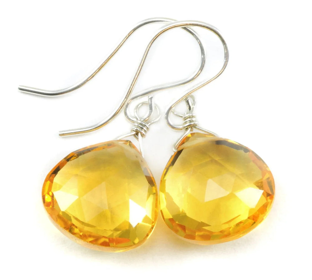 Yellow Citrine Quartz Earrings faceted Heart Drop 14k solid gold or filled or Sterling Silver Spyglass Designs Bright Yellow Simple Classic - Spyglass Designs
