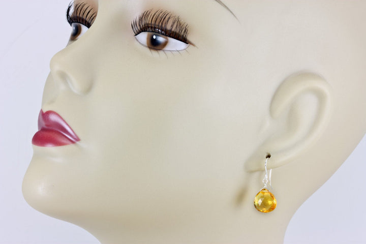 Yellow Citrine Quartz Earrings faceted Heart Drop 14k solid gold or filled or Sterling Silver Spyglass Designs Bright Yellow Simple Classic