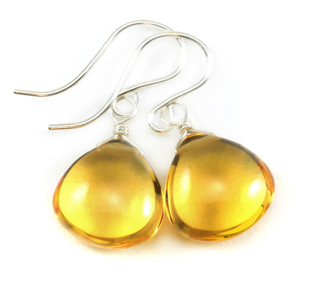 Yellow Citrine Earrings Smooth Sim Heart Drop 14k solid gold or filled or Sterling Silver Spyglass Designs Simple Teardrops Lightweight